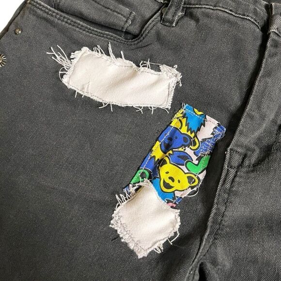 Upcycled Skinny Jeans Dark Wash Reworked Grunge Concert Grateful Dead Bears 28 - Picture 10 of 13